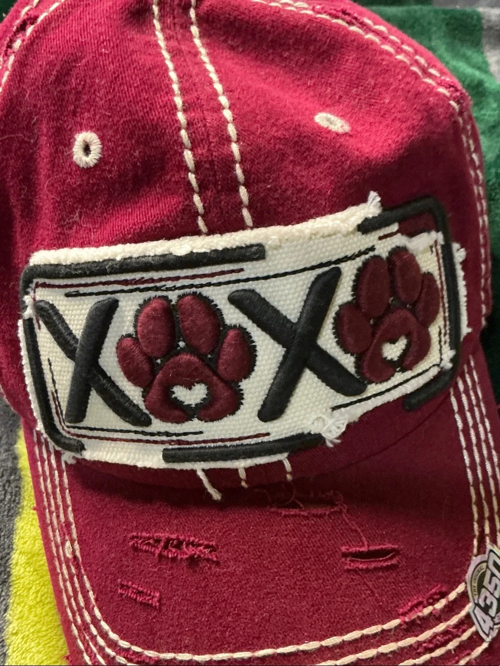District Red  XOX Paws Distressed Baseball Cap Maroon Burgundy Washed